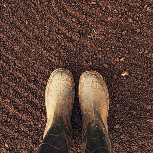 Top view of farmer rubber boots standing on ploughed arable land with copy space